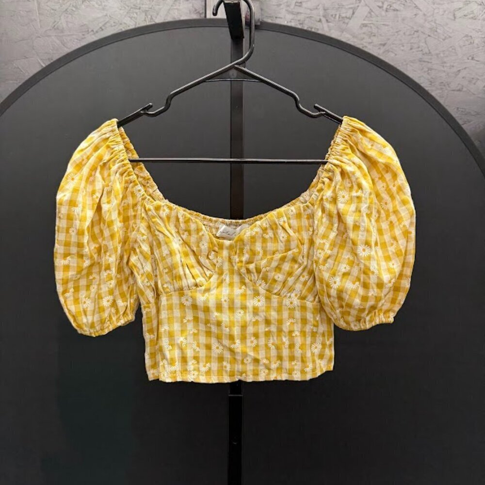Petal + Pup Mustard Yellow Gingham Daisy Cropped Blouse